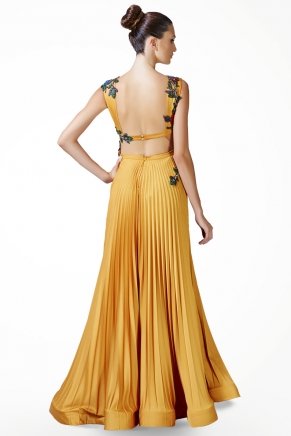 Hardal Sarı Küçük Beden Uzun Kolsuz Nişan Elbisesi K5637