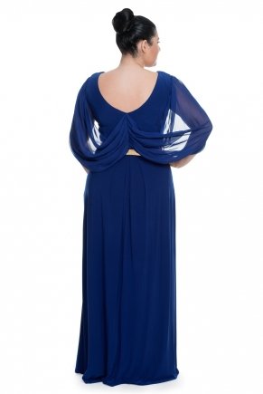 Parlıament Blue Long Big Size V Neck Evening Dress Y3063