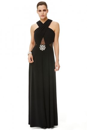 Siyah Küçük Beden Uzun Kolsuz Düğün Elbisesi Y6041