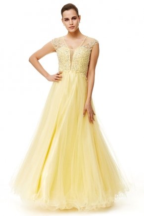 Banana Yellow Small Size Long V Neck Princess Dress Y6467