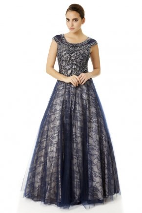 Lace Small Size Long Boat Neck Evening Dress Y6470