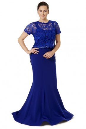 Parlıament Blue Long Big Size Tailed Evening Dress Y6256