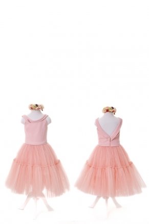 Toz Pembe Kısa Çocuk Beden Anne Kız Elbise Y6429