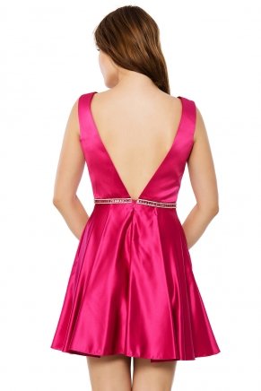 Fuchsıa  Cleavage Small Size Short Evening Dress Y6091