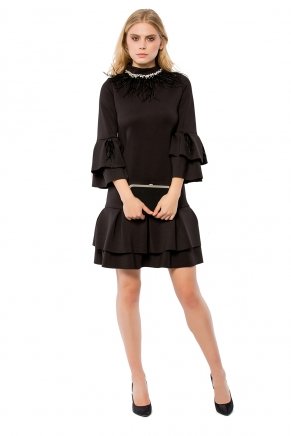 Black Short Small Size Flounce Sleeve Evening Dress K6161