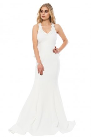 Whıte Crepe Small Size Long Evening Dress Y6419