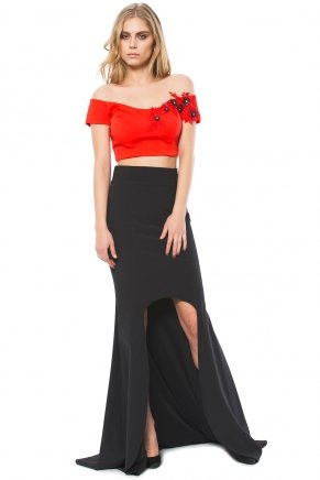 Black/ferrarı Red Boat Neck Small Size Long Evening Dress Y6421