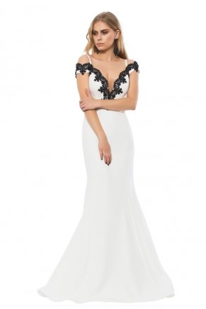 Whıte Crepe Small Size Long Evening Dress Y6424