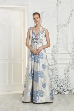 Porcelaın Blue Long Small Size Flared Evening Dress Y7185