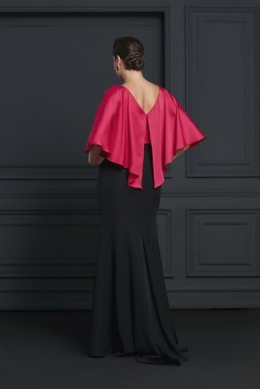 Black/raspberry Fuchsıa Long Big Size Capri Arm Evening Dress Y7203