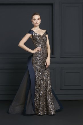 Navy  Boat Neck Small Size Long Evening Dress Y7206