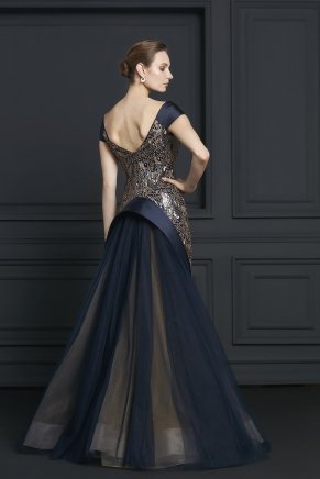 Navy  Boat Neck Small Size Long Evening Dress Y7206