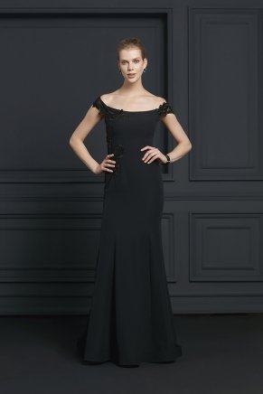 Small Size Black/black Crepe Long Evening Dress Y7423
