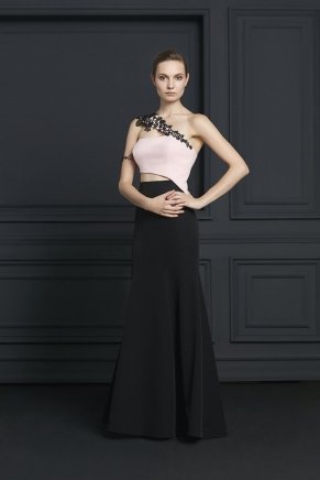 Black/powder Pınk Small Size Long One Sleeve Evening Dress Y7494