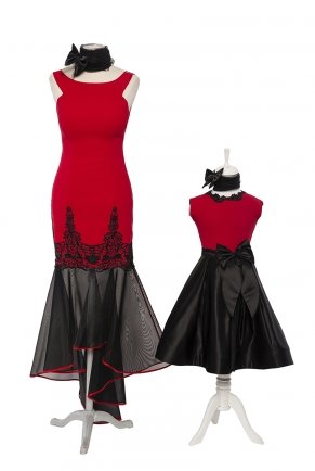 Siyah/dragon Kırmızı Çocuk Beden Kısa Anne Kız Elbise Y7086