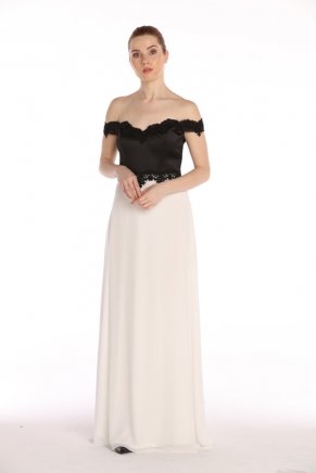 Black/whıte Boat Neck Small Size Long Evening Dress Y7377
