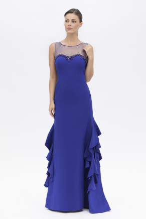 İndigo Mavi Küçük Beden Uzun Kolsuz Gece Elbisesi Y7000