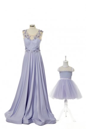 Lavender Lılac Kid Size Short Mom&Kid Dress Y6428