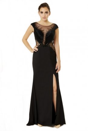 Black Small Size Long V Yaka Evening Dress Y6483
