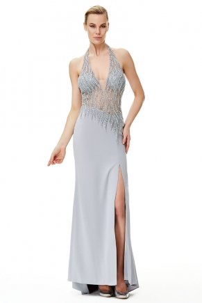 Small Size Grey Long Halter Strap Evening Dress Y6494